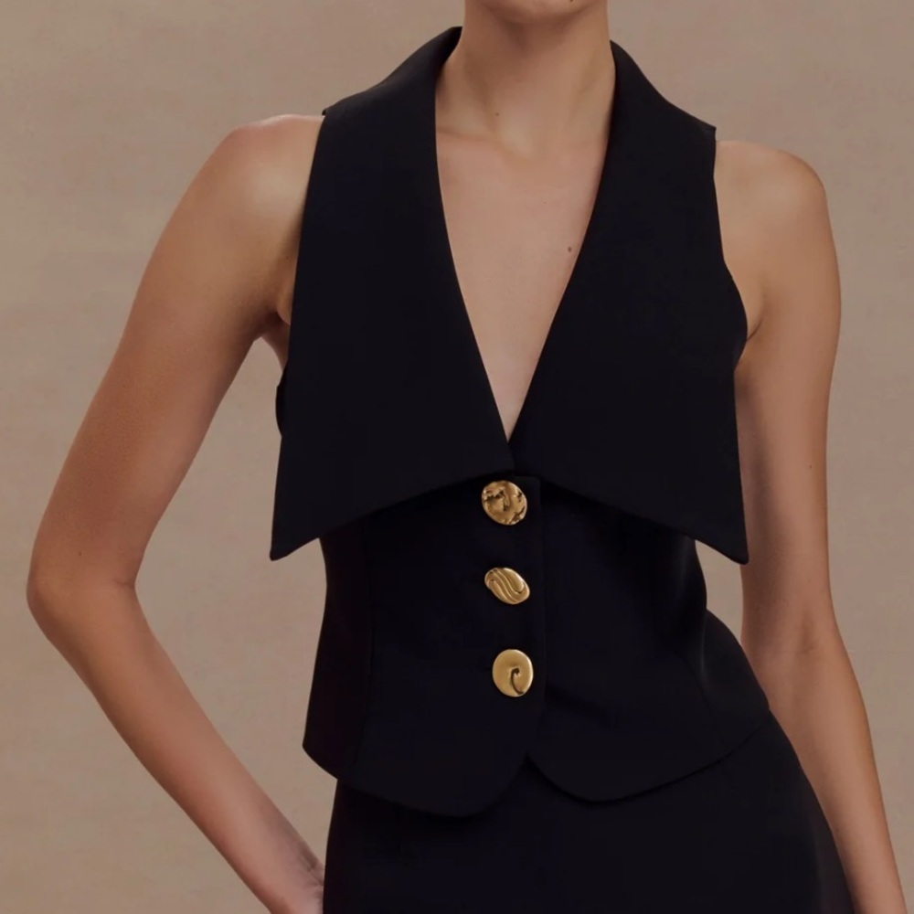 Meshki Black Sleeveless Blazer Vest with Gold Buttons